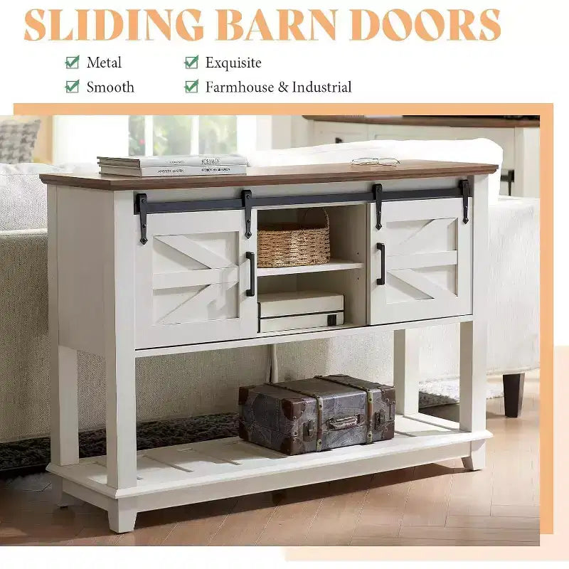 AMERLIFE Tavolo Divano con Ante Scorrevoli a Barn Door, Tavolino Consolle TV, Tavolo Ingresso Rustico da Fattoria da 46 pollici con Vano Contenitore