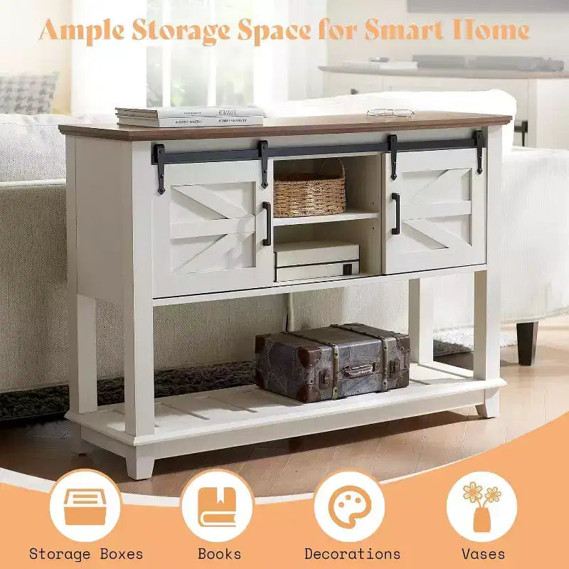 AMERLIFE Tavolo Divano con Ante Scorrevoli a Barn Door, Tavolino Consolle TV, Tavolo Ingresso Rustico da Fattoria da 46 pollici con Vano Contenitore