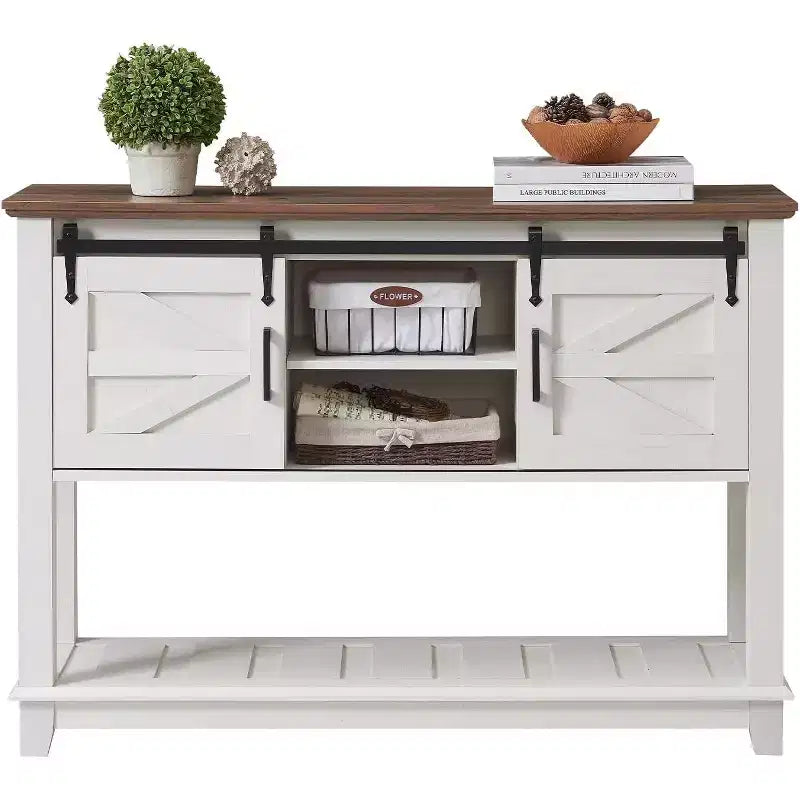 AMERLIFE Tavolo Divano con Ante Scorrevoli a Barn Door, Tavolino Consolle TV, Tavolo Ingresso Rustico da Fattoria da 46 pollici con Vano Contenitore