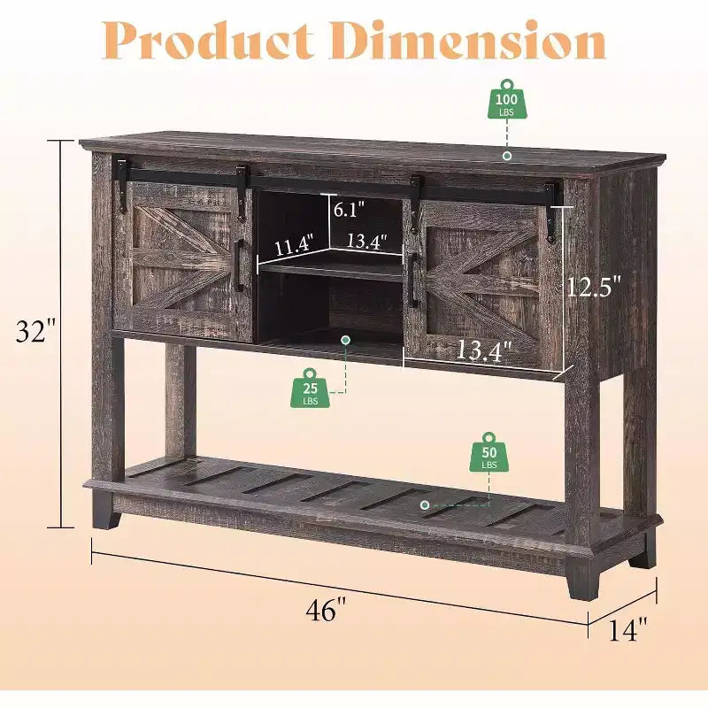 AMERLIFE Tavolo Divano con Ante Scorrevoli a Barn Door, Tavolino Consolle TV, Tavolo Ingresso Rustico da Fattoria da 46 pollici con Vano Contenitore