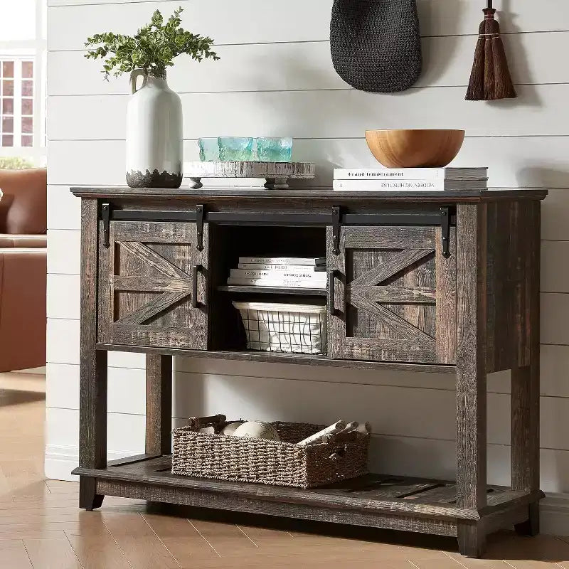 AMERLIFE Tavolo Divano con Ante Scorrevoli a Barn Door, Tavolino Consolle TV, Tavolo Ingresso Rustico da Fattoria da 46 pollici con Vano Contenitore
