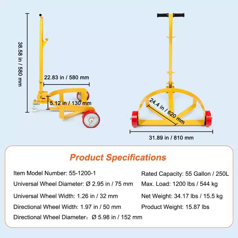 Carrello per fusti VEVOR da 55 galloni, capacità di carico 544 kg, carrello per fusti, carrello rotondo in acciaio a basso profilo, telaio robusto in acciaio