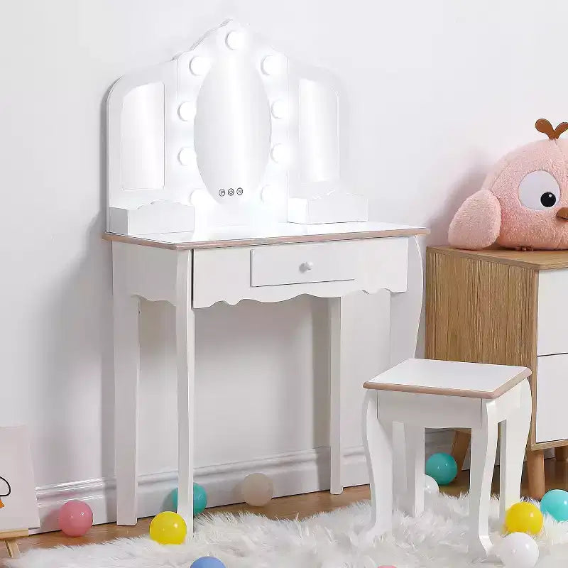 Set da toeletta per bambini con 3 specchi e cassetto, tavolo da trucco per bambine, luci e set da gioco in legno per il trucco