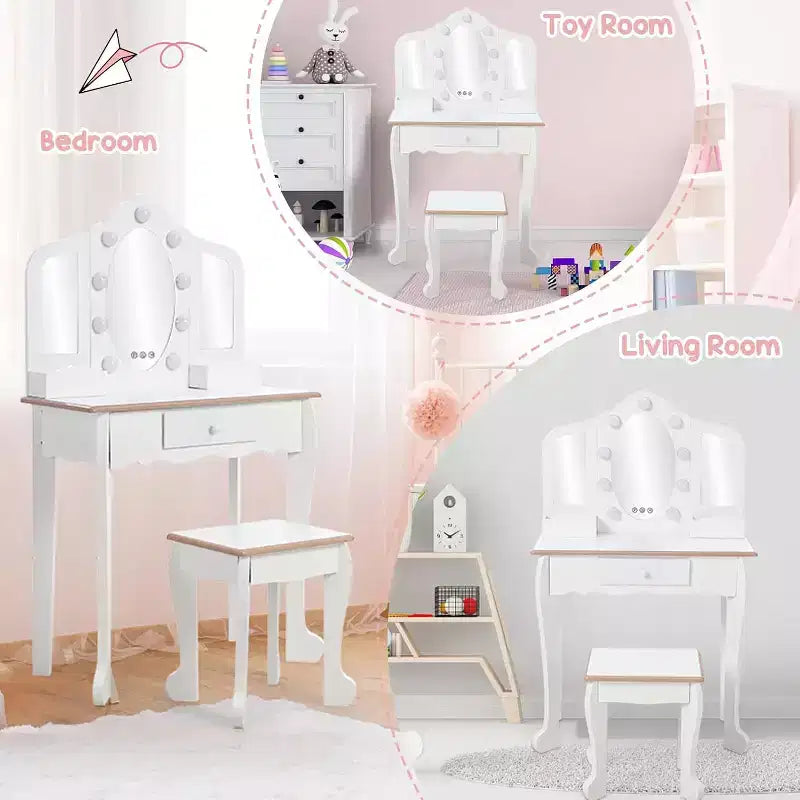 Set da toeletta per bambini con 3 specchi e cassetto, tavolo da trucco per bambine, luci e set da gioco in legno per il trucco