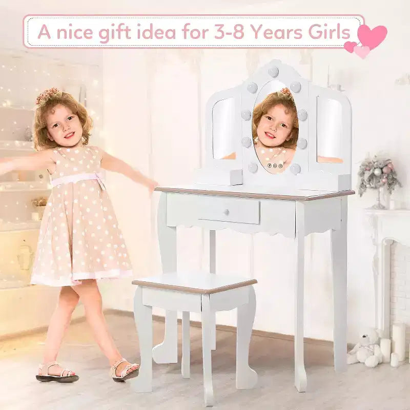 Set da toeletta per bambini con 3 specchi e cassetto, tavolo da trucco per bambine, luci e set da gioco in legno per il trucco