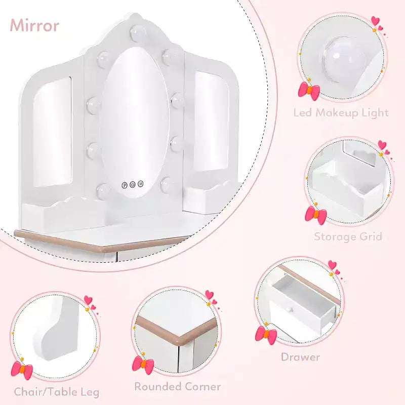 Set da toeletta per bambini con 3 specchi e cassetto, tavolo da trucco per bambine, luci e set da gioco in legno per il trucco