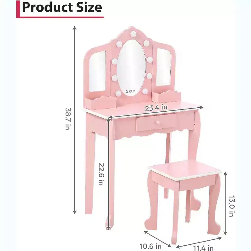 Set da toeletta per bambini con 3 specchi e cassetto, tavolo da trucco per bambine, luci e set da gioco in legno per il trucco