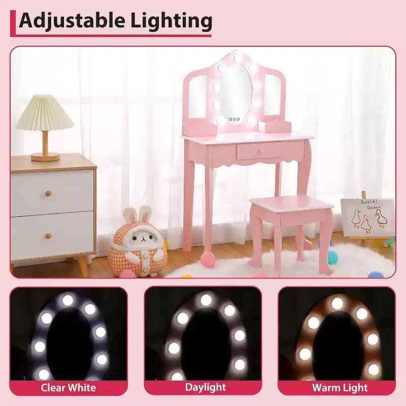 Set da toeletta per bambini con 3 specchi e cassetto, tavolo da trucco per bambine, luci e set da gioco in legno per il trucco