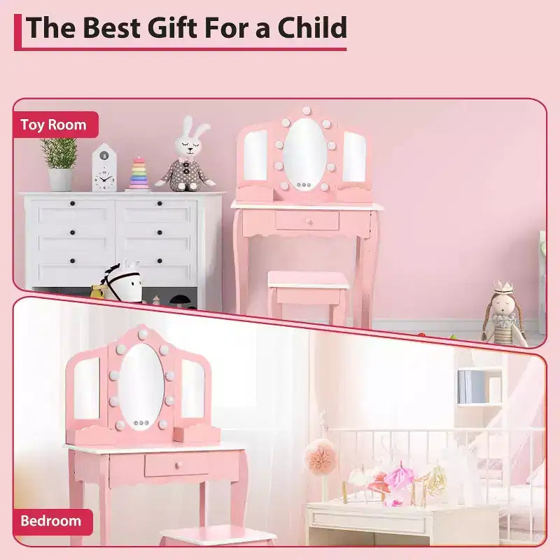 Set da toeletta per bambini con 3 specchi e cassetto, tavolo da trucco per bambine, luci e set da gioco in legno per il trucco