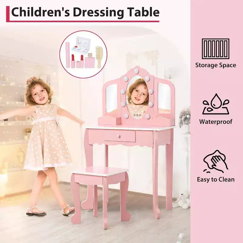 Set da toeletta per bambini con 3 specchi e cassetto, tavolo da trucco per bambine, luci e set da gioco in legno per il trucco