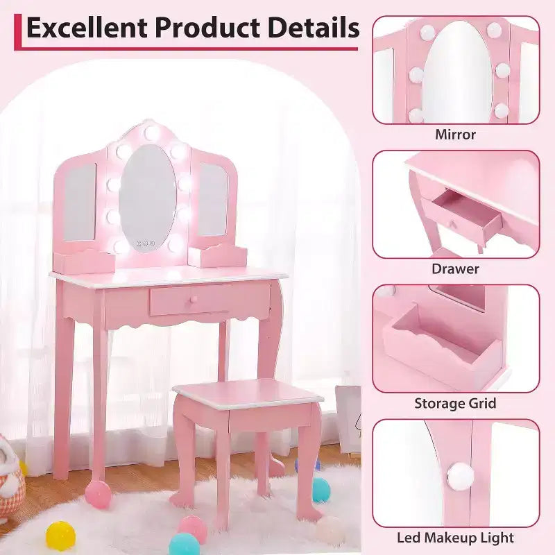 Set da toeletta per bambini con 3 specchi e cassetto, tavolo da trucco per bambine, luci e set da gioco in legno per il trucco
