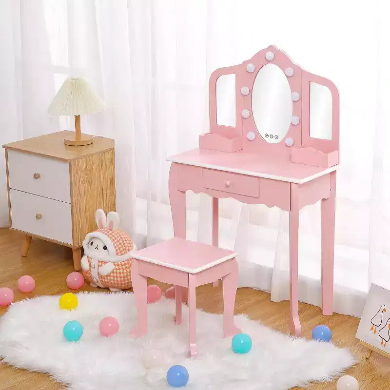 Set da toeletta per bambini con 3 specchi e cassetto, tavolo da trucco per bambine, luci e set da gioco in legno per il trucco