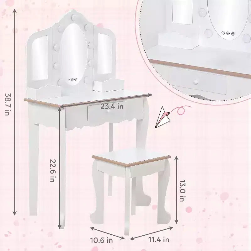 Set da toeletta per bambini con 3 specchi e cassetto, tavolo da trucco per bambine, luci e set da gioco in legno per il trucco