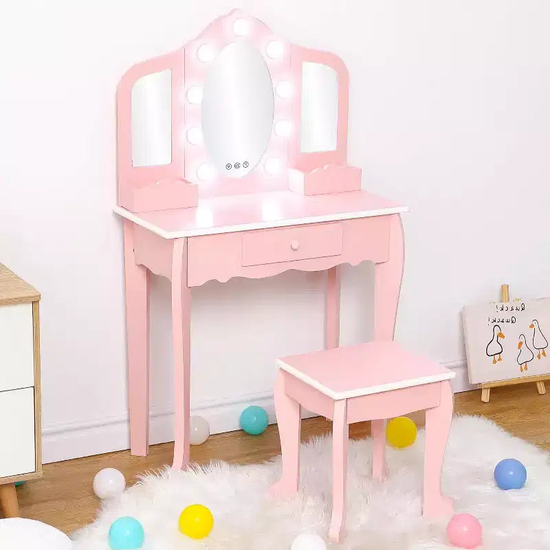 Kids Vanity Set with 3 Mirrors and Drawer, Makeup Play Table for Girls, Lights & Wooden Makeup Playset