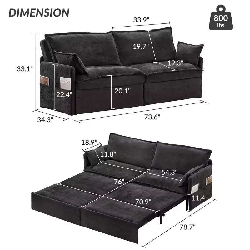 Divano letto estraibile Whisen, divano letto convertibile con contenitore laterale e porte di ricarica USB/C-TYPE