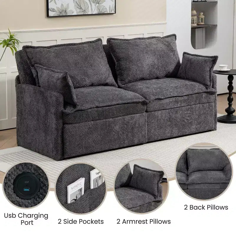 Divano letto estraibile Whisen, divano letto convertibile con contenitore laterale e porte di ricarica USB/C-TYPE