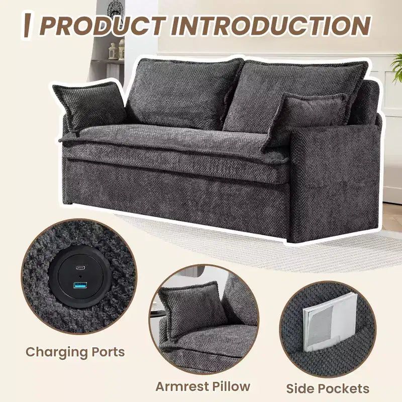 Divano letto estraibile Whisen, divano letto convertibile con contenitore laterale e porte di ricarica USB/C-TYPE