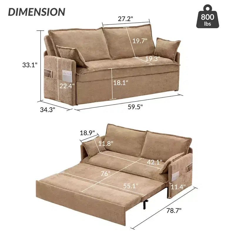 Divano letto estraibile Whisen, divano letto convertibile con contenitore laterale e porte di ricarica USB/C-TYPE