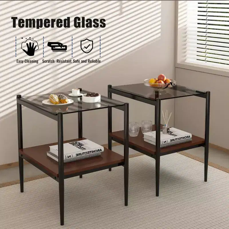 Set di 2 tavolini rettangolari, piano in vetro temperato con strato in MDF, tavolo moderno per soggiorno, vetro grigio