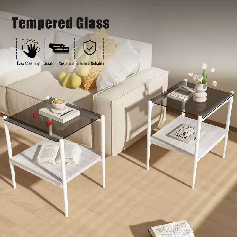 Set di 2 tavolini rettangolari, piano in vetro temperato con strato in MDF, tavolo moderno per soggiorno, vetro grigio
