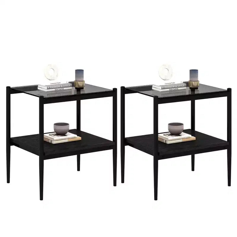 Set di 2 tavolini rettangolari, piano in vetro temperato con strato in MDF, tavolo moderno per soggiorno, vetro grigio