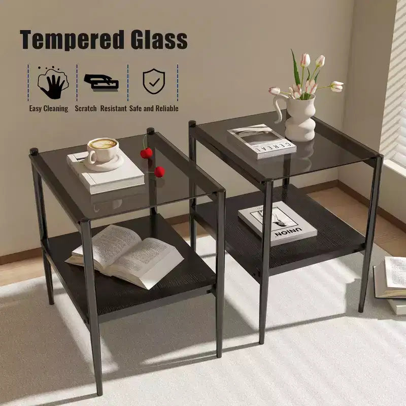 Set di 2 tavolini rettangolari, piano in vetro temperato con strato in MDF, tavolo moderno per soggiorno, vetro grigio