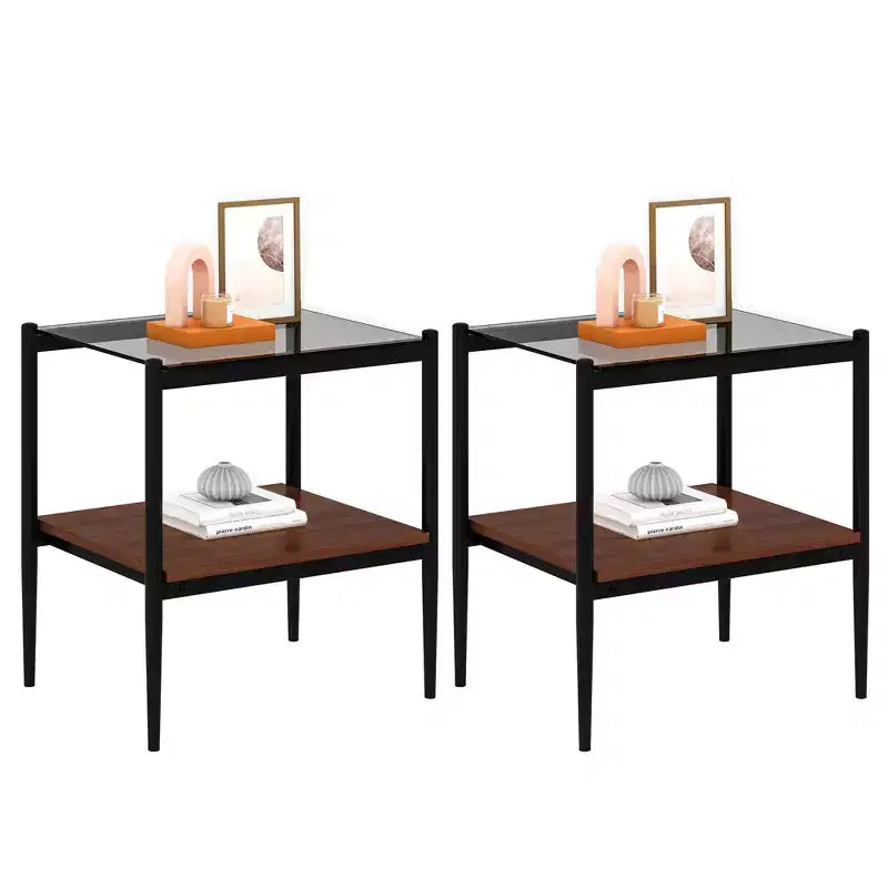 Set di 2 tavolini rettangolari, piano in vetro temperato con strato in MDF, tavolo moderno per soggiorno, vetro grigio