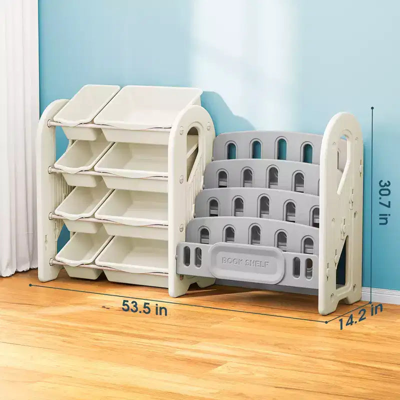 Organizzatore porta giocattoli con libreria a 4 livelli e 8 contenitori, mobile scaffale per libri per bambini in HDPE per sala giochi, camera da letto, cameretta, autoportante