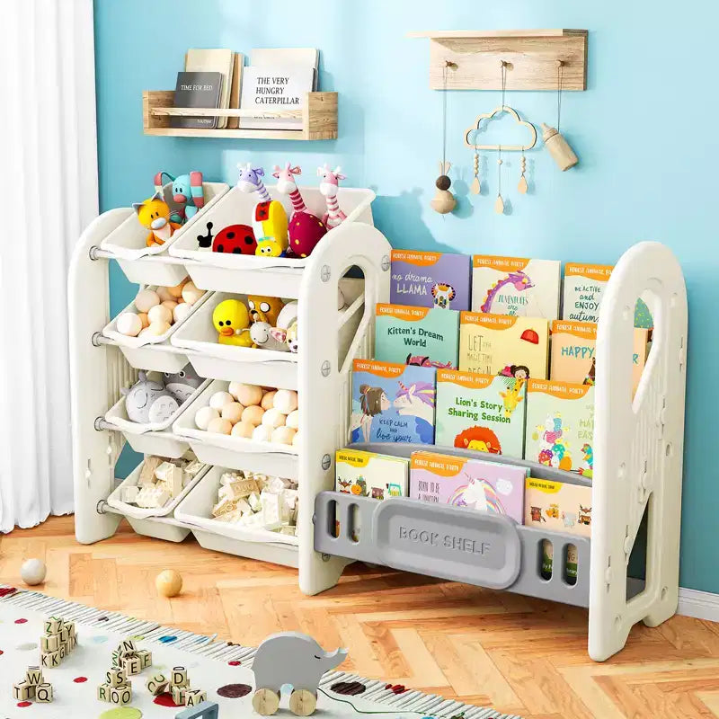 Organizzatore porta giocattoli con libreria a 4 livelli e 8 contenitori, mobile scaffale per libri per bambini in HDPE per sala giochi, camera da letto, cameretta, autoportante
