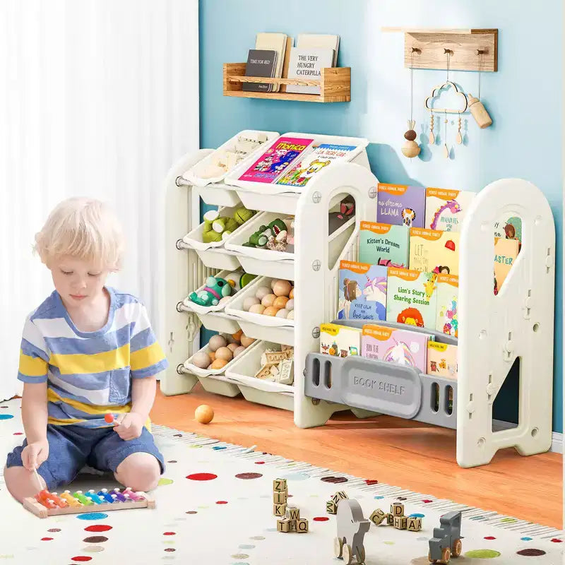 Organizzatore porta giocattoli con libreria a 4 livelli e 8 contenitori, mobile scaffale per libri per bambini in HDPE per sala giochi, camera da letto, cameretta, autoportante