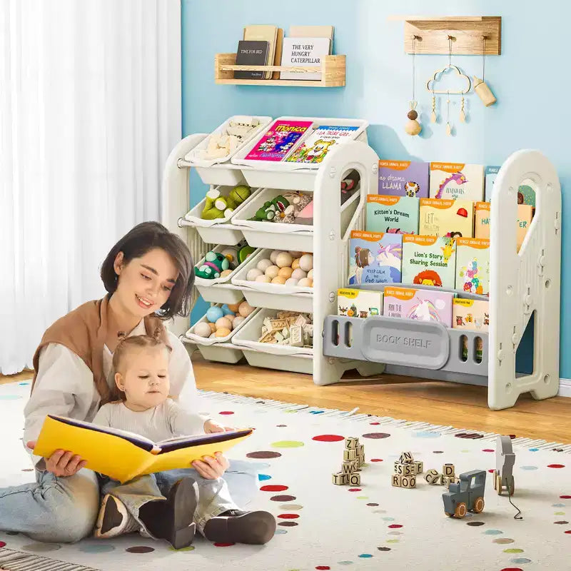Organizzatore porta giocattoli con libreria a 4 livelli e 8 contenitori, mobile scaffale per libri per bambini in HDPE per sala giochi, camera da letto, cameretta, autoportante