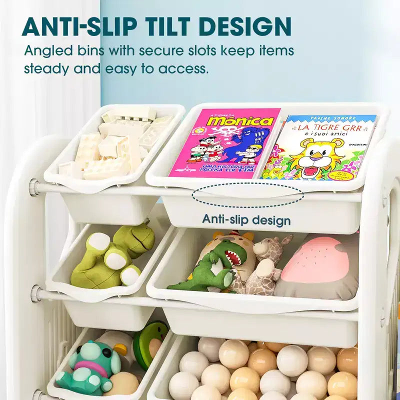 Organizzatore porta giocattoli con libreria a 4 livelli e 8 contenitori, mobile scaffale per libri per bambini in HDPE per sala giochi, camera da letto, cameretta, autoportante