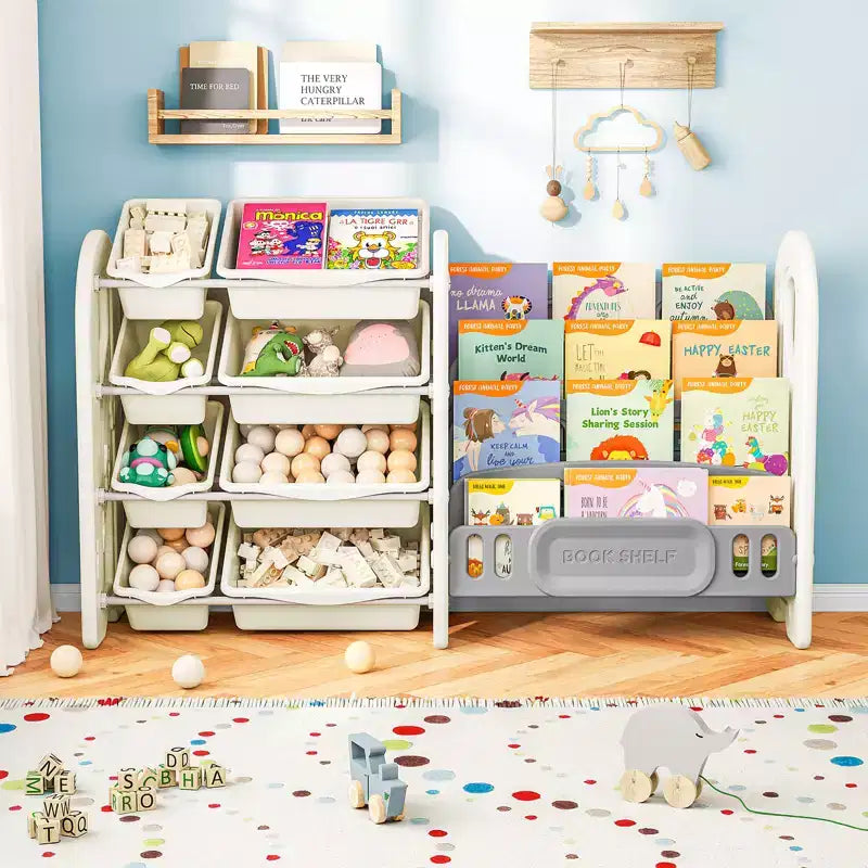 Organizzatore porta giocattoli con libreria a 4 livelli e 8 contenitori, mobile scaffale per libri per bambini in HDPE per sala giochi, camera da letto, cameretta, autoportante