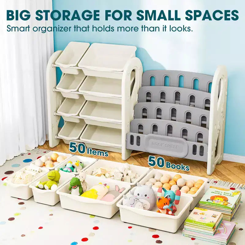 Organizzatore porta giocattoli con libreria a 4 livelli e 8 contenitori, mobile scaffale per libri per bambini in HDPE per sala giochi, camera da letto, cameretta, autoportante