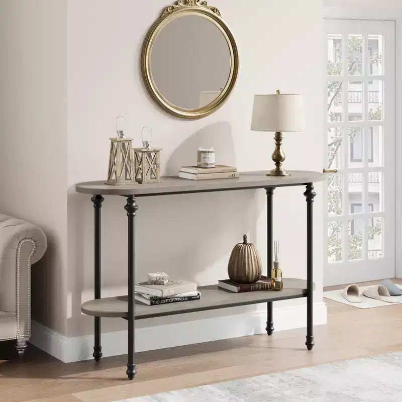 Tavolo da Ingresso, Consolle da 110 cm con Contenitore, Tavolo da Divano a 2 Livelli con Struttura in Metallo e MDF, Tavolino Dietro il Divano per Soggiorno, Corridoio - Grigio