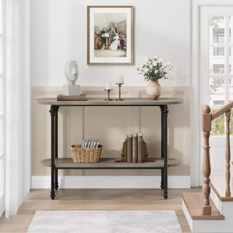 Tavolo da Ingresso, Consolle da 110 cm con Contenitore, Tavolo da Divano a 2 Livelli con Struttura in Metallo e MDF, Tavolino Dietro il Divano per Soggiorno, Corridoio - Grigio