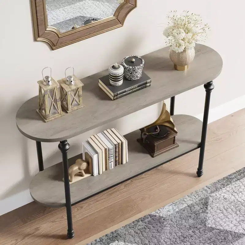 Tavolo da Ingresso, Consolle da 110 cm con Contenitore, Tavolo da Divano a 2 Livelli con Struttura in Metallo e MDF, Tavolino Dietro il Divano per Soggiorno, Corridoio - Grigio