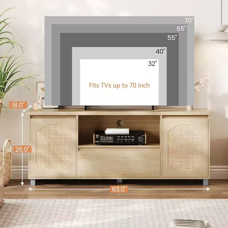 Mobile TV in Rattan e Rovere da 160 cm per TV fino a 70 pollici, Porta TV Moderno con Cassetti e Ripiani Aperti, Consolle Multimediale per Soggiorno o Camera da Leteetto