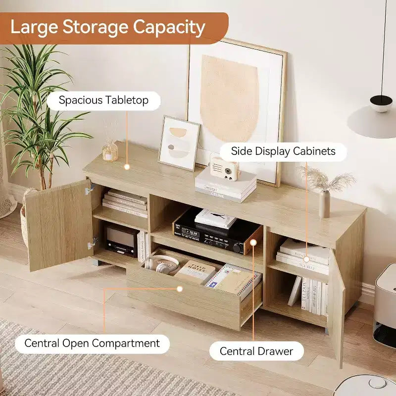 Mobile TV in Rattan e Rovere da 160 cm per TV fino a 70 pollici, Porta TV Moderno con Cassetti e Ripiani Aperti, Consolle Multimediale per Soggiorno o Camera da Leteetto