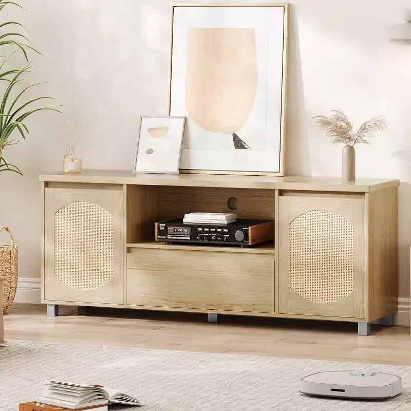 Mobile TV in Rattan e Rovere da 160 cm per TV fino a 70 pollici, Porta TV Moderno con Cassetti e Ripiani Aperti, Consolle Multimediale per Soggiorno o Camera da Leteetto
