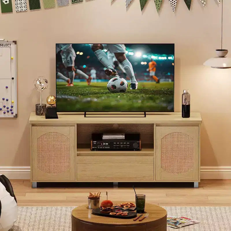 Mobile TV in Rattan e Rovere da 160 cm per TV fino a 70 pollici, Porta TV Moderno con Cassetti e Ripiani Aperti, Consolle Multimediale per Soggiorno o Camera da Leteetto