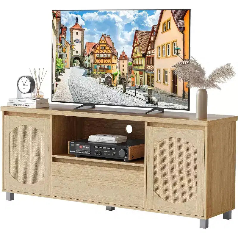 Mobile TV in Rattan e Rovere da 160 cm per TV fino a 70 pollici, Porta TV Moderno con Cassetti e Ripiani Aperti, Consolle Multimediale per Soggiorno o Camera da Leteetto