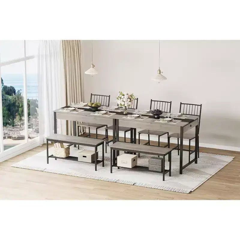 Set da pranzo per 4 persone con tavolo rettangolare in stile rustico, panca, 2 sedie, scaffale portaoggetti e cassetti, ideale per cucine piccole e angoli per la colazione.