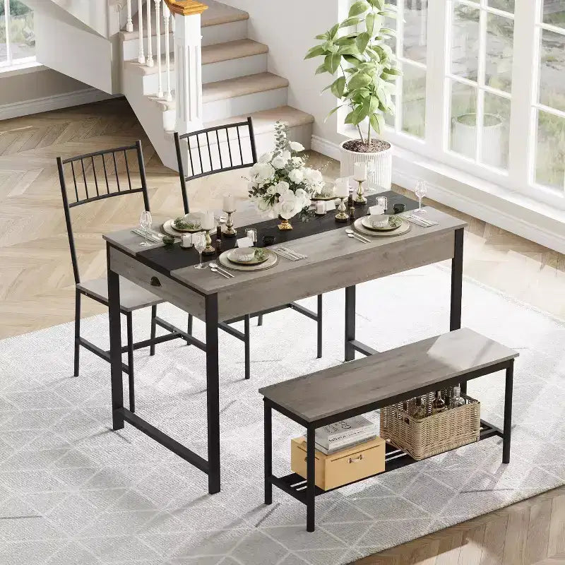 Set da pranzo per 4 persone con tavolo rettangolare in stile rustico, panca, 2 sedie, scaffale portaoggetti e cassetti, ideale per cucine piccole e angoli per la colazione.