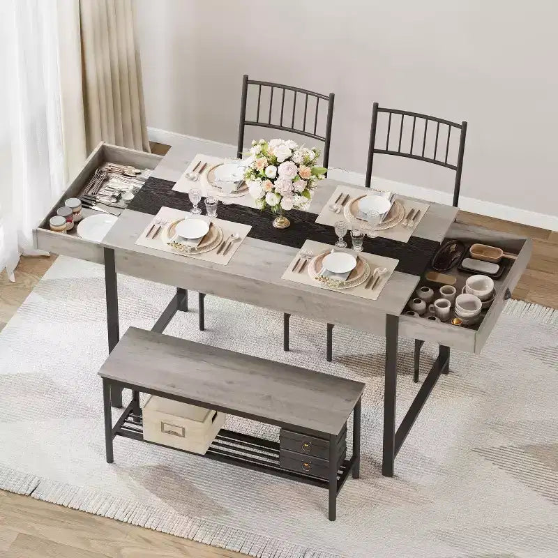Set da pranzo per 4 persone con tavolo rettangolare in stile rustico, panca, 2 sedie, scaffale portaoggetti e cassetti, ideale per cucine piccole e angoli per la colazione.
