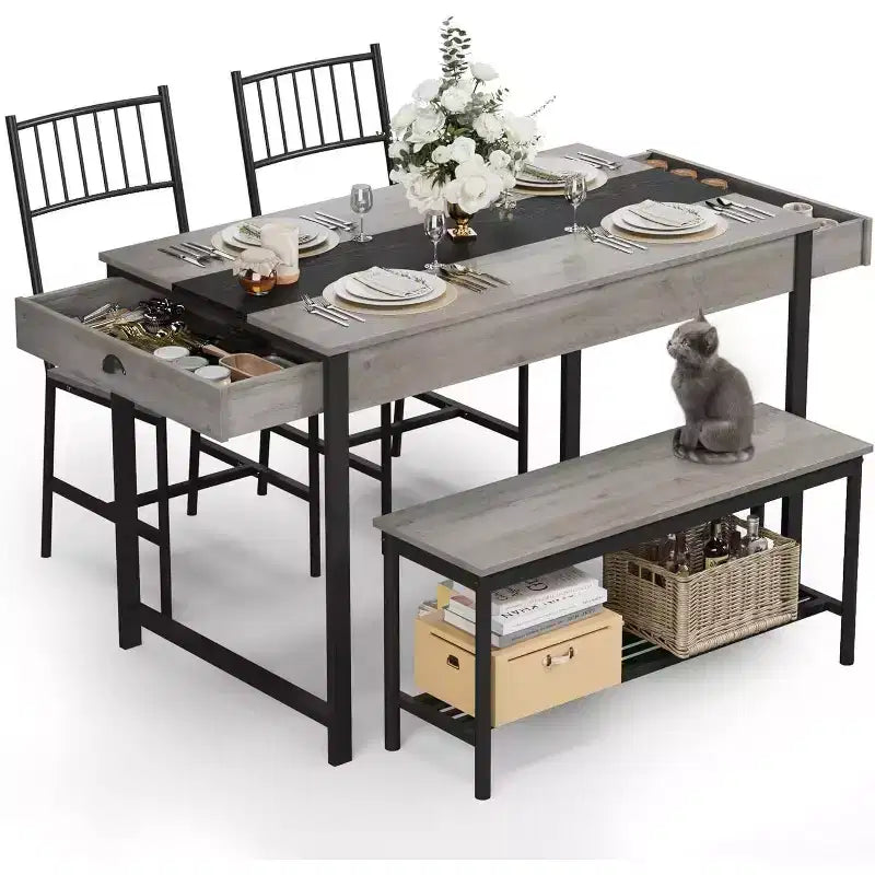 Set da pranzo per 4 persone con tavolo rettangolare in stile rustico, panca, 2 sedie, scaffale portaoggetti e cassetti, ideale per cucine piccole e angoli per la colazione.