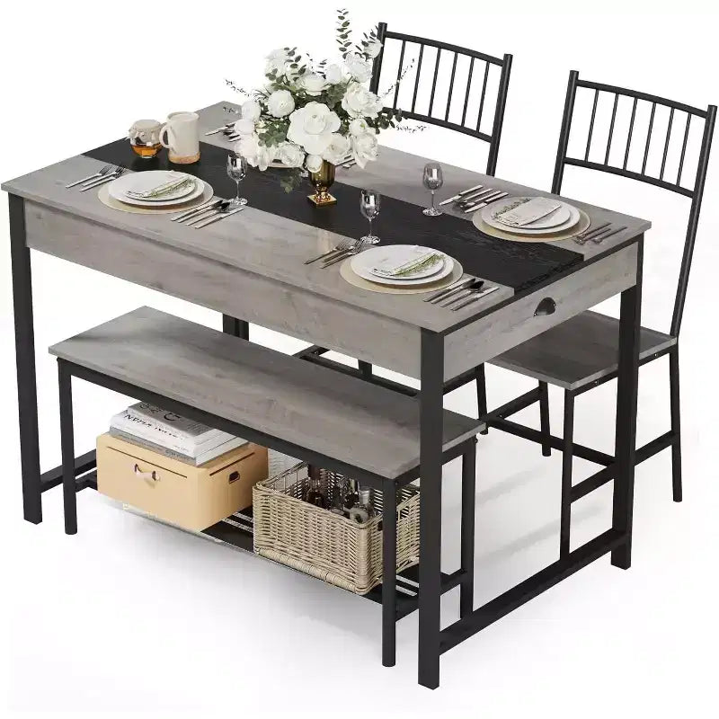 Set da pranzo per 4 persone con tavolo rettangolare in stile rustico, panca, 2 sedie, scaffale portaoggetti e cassetti, ideale per cucine piccole e angoli per la colazione.