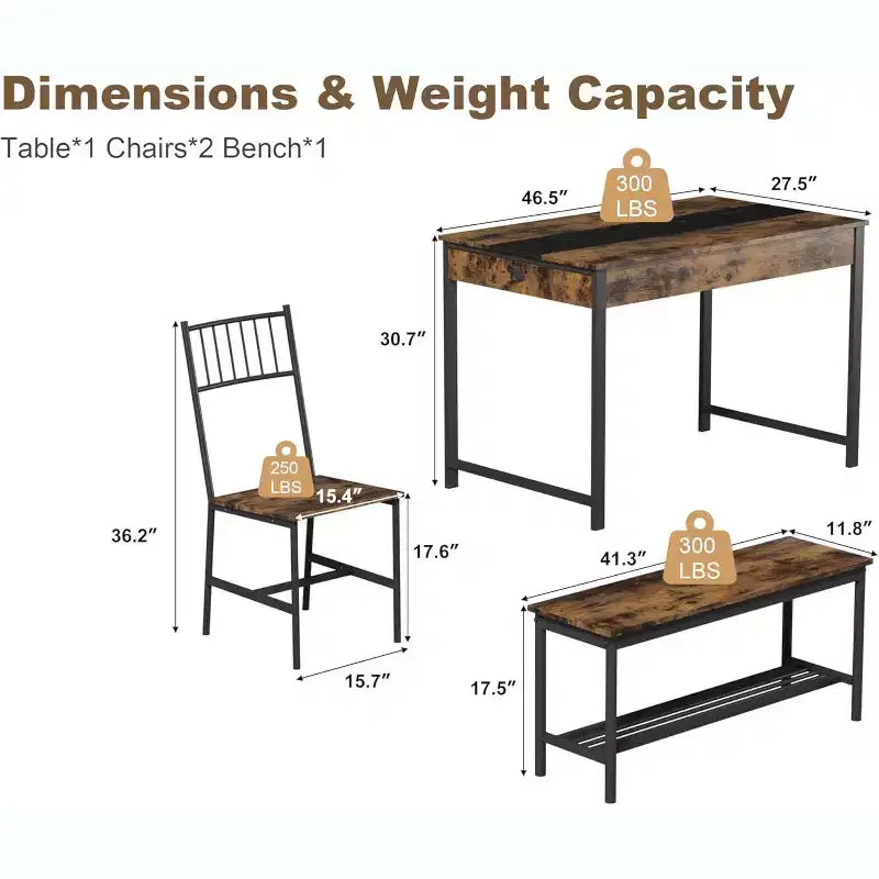 Set da pranzo per 4 persone con tavolo rettangolare in stile rustico, panca, 2 sedie, scaffale portaoggetti e cassetti, ideale per cucine piccole e angoli per la colazione.