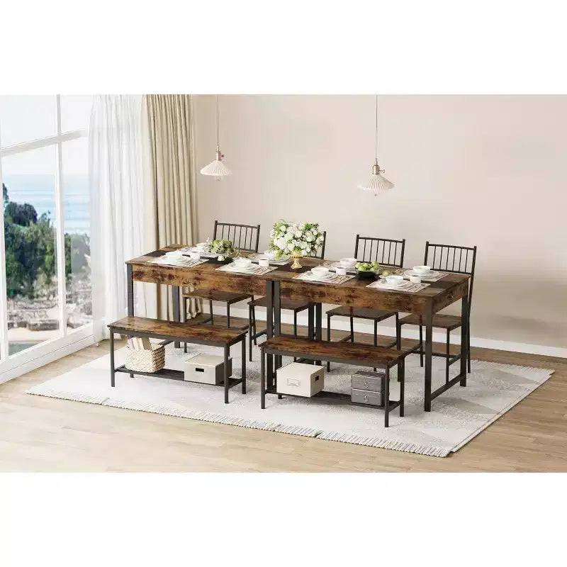 Set da pranzo per 4 persone con tavolo rettangolare in stile rustico, panca, 2 sedie, scaffale portaoggetti e cassetti, ideale per cucine piccole e angoli per la colazione.