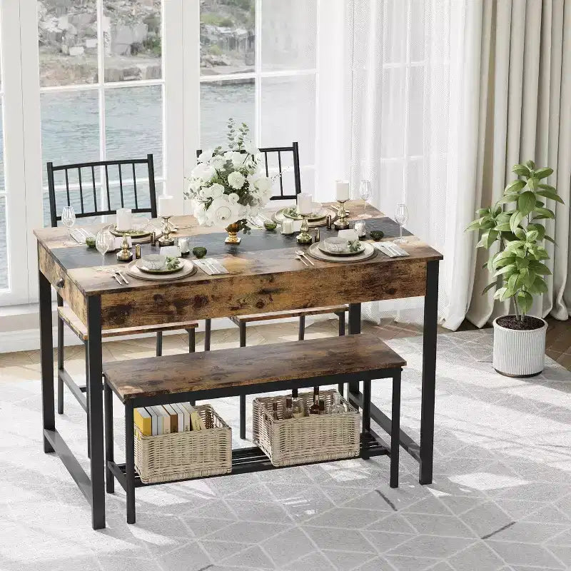 Set da pranzo per 4 persone con tavolo rettangolare in stile rustico, panca, 2 sedie, scaffale portaoggetti e cassetti, ideale per cucine piccole e angoli per la colazione.
